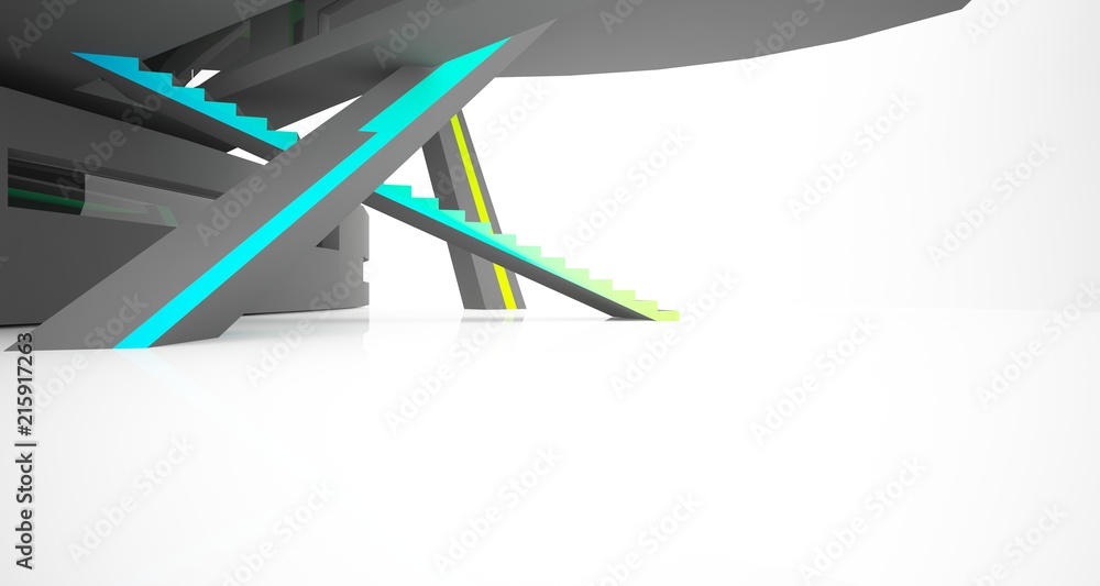 Fototapeta premium Abstract white and colored gradient interior multilevel public space with window. 3D illustration and rendering.