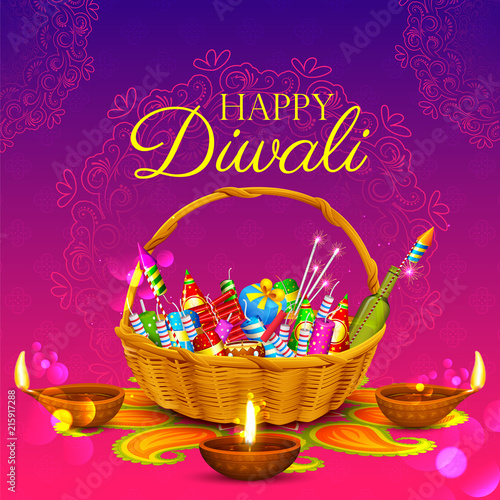Burning diya and firecracker on Happy Diwali Holiday background for light festival of India