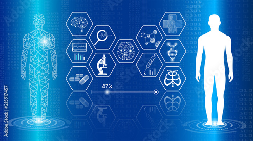 abstract background technology concept in blue light,brain and human body heal ,technology modern medical science in future and global international medical with tests analysis clone DNA human
