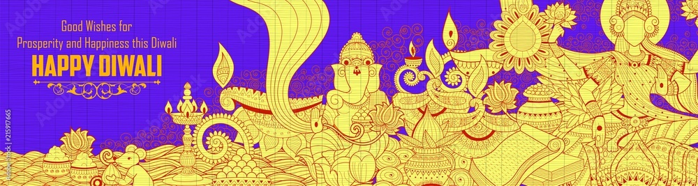 illustration of Goddess Lakshmi and Lord Ganesha on happy Diwali Holiday doodle background for light festival of India