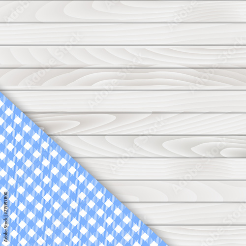 Blue corner tablecloth on white wood table. Vector