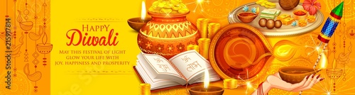 Burning diya on Happy Diwali Holiday background for light festival of India