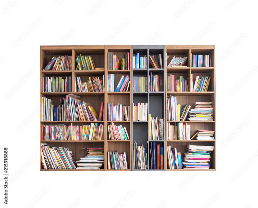 Bookshelf, blurred effects on books cover, isolated with clipping path Bookshelf, blurred effects on books cover, isolated with clipping path
