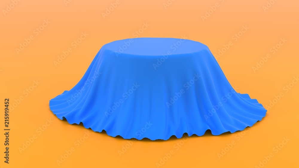 3d illustration of Round table covered with blue fabric isolated on orange background 3d illustration of Round table covered with blue fabric isolated on orange background