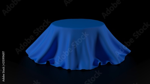 3d illustration of Round table covered with blue fabric isolated on black background