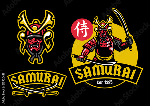 samurai ronin mascot hold pair of katana