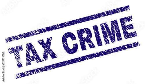 TAX CRIME seal print with distress style. Blue vector rubber print of TAX CRIME text with corroded texture. Text label is placed between parallel lines.
