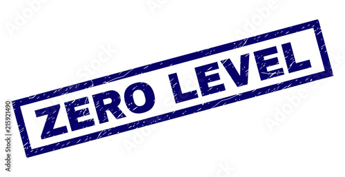 Rectangle ZERO LEVEL seal watermark with corroded texture. Rubber seal imitation has rectangle frame. Blue vector rubber print of ZERO LEVEL title with corroded texture.