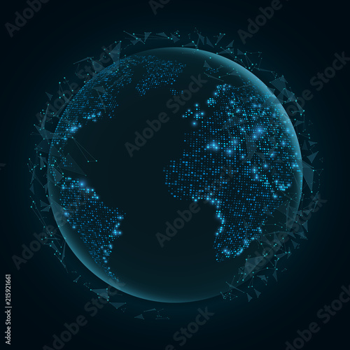 Abstract planet Earth with flying triangles. World map. Blue lights. Sci-fi and hi-tech. Plexus style. Map of glowing dots. World Network. Vector illustration