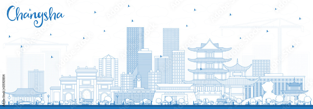 Outline Changsha China City Skyline with Blue Buildings.