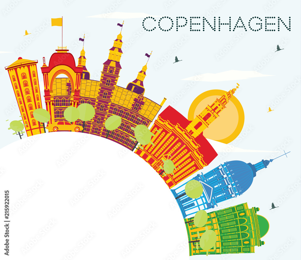 Copenhagen Denmark City Skyline with Color Buildings, Blue Sky and Copy Space.