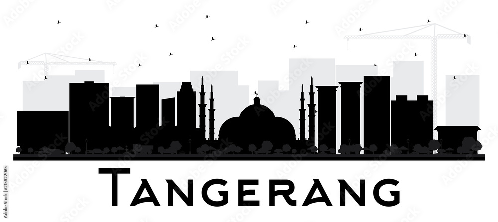 Tangerang Indonesia City Skyline Silhouette with Black Buildings Isolated on White.