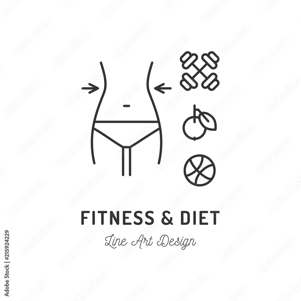 Fitness club logo, Diet icon, Healthy lifestyle. Slim body, Neat female figure, barbell, apple, ball. Thin line art icons, Vector outline illustration Fitness club logo, Diet icon, Healthy lifestyle. Slim body, Neat female figure, barbell, apple, ball. Thin line art icons, Vector outline illustration