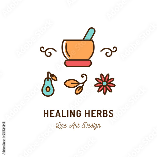 Healing therapy icons, Ayurvedic medicine logo, Beauty and cosmetology. Thin line art icon, Vector outline illustration
