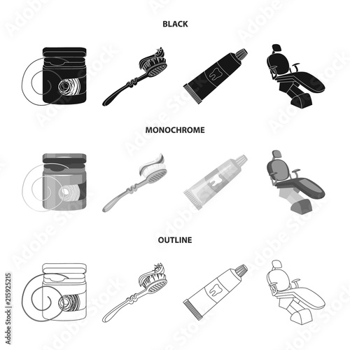 Dental floss, toothbrush, toothpaste, dental chair. Dental care set collection icons in black,monochrome,outline style vector symbol stock illustration web.