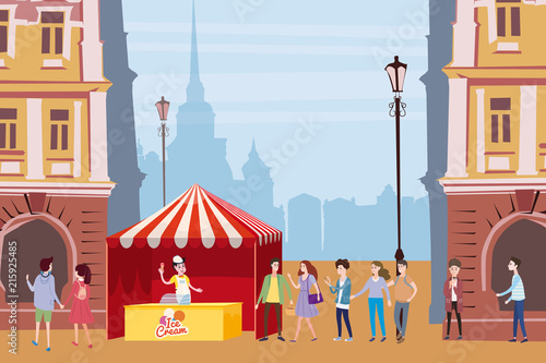 Trade tent, ice cream counter, seller under a canopy, outdoor composition, city, selling ice cream, drinks, corn, fast food, sweets. People, sellers and buyers. Urban scene. Vector illustration in