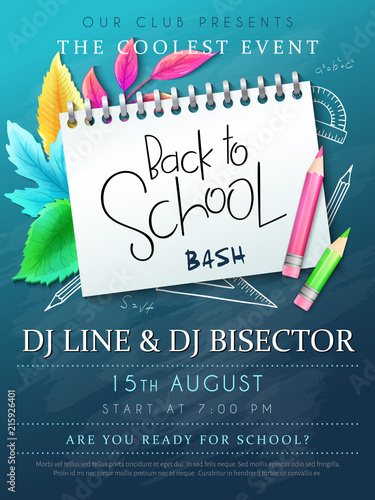 Vector illustration with design template for Back to school event poster with pencils, detailed bright autumn leaves and Back to School hand lettering label on notebook