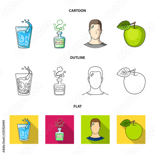 A glass of water, a bottle of alcohol, a sweating man, an apple. Diabeth set collection icons in cartoon,outline,flat style vector symbol stock illustration web.