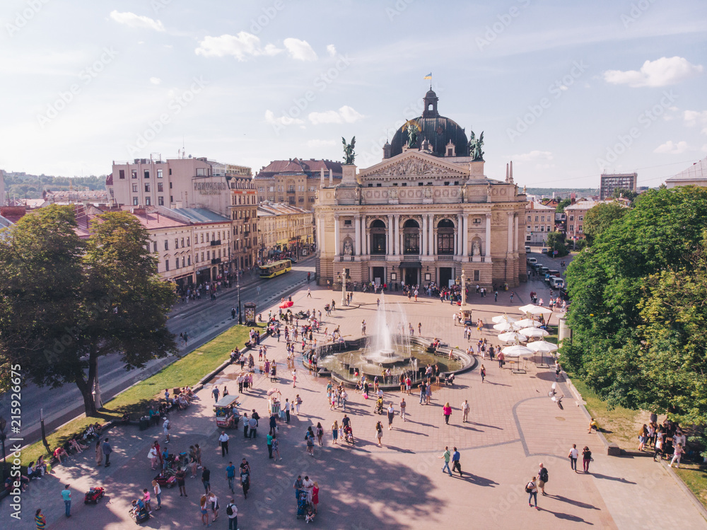 LVIV, UKRAINE - June 3, 2018: square before lviv opera. aerial view