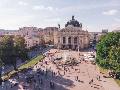 LVIV, UKRAINE - June 3, 2018: square before lviv opera. aerial view photo
