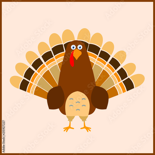 Thanksgiving day turkey, flat style, no hat. Cute cartoon.