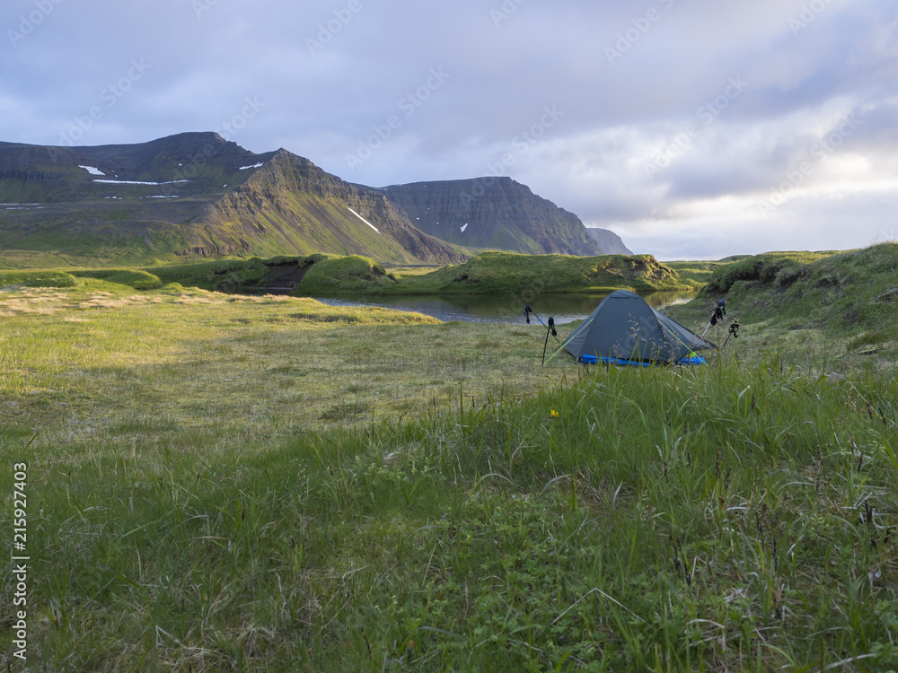 small blue tent standing alone on green grass on mossed creek banks in Hornstrandir Iceland, snow patched hills and cliffs, cloudy sky background, golden hour light, copy space