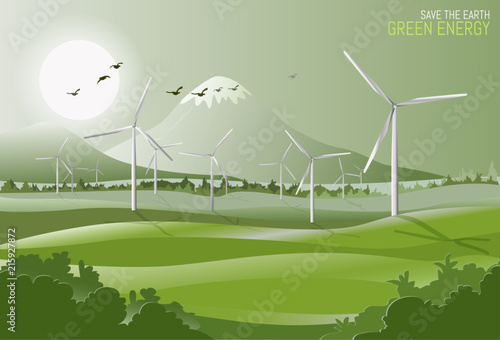 Concept: Save the earth, Green and Clean Energy, Ecology, A group of wind turbine on the green field with mountain and sunlight in background. Vector illustration
