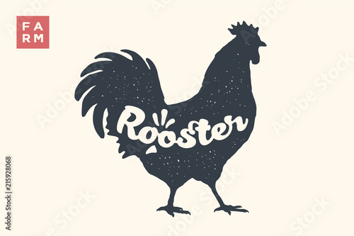 Rooster. Lettering, typography. Animal silhoutte rooster, hen and lettering Rooster. Creative graphic design for butcher shop, farmer market. Vintage poster for meat related theme. Vector Illustration