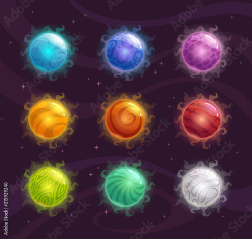 Cartoon colorful fantasy planets set.