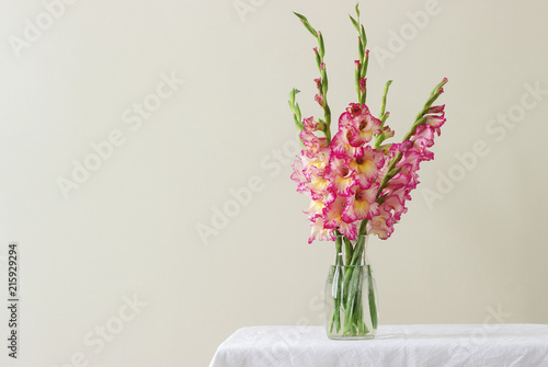 Leinwand Poster A bouquet of multicolored gladioli in a glass vase on a light background