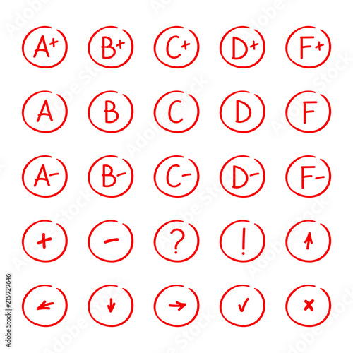 Hand drawn grade red marks system set.