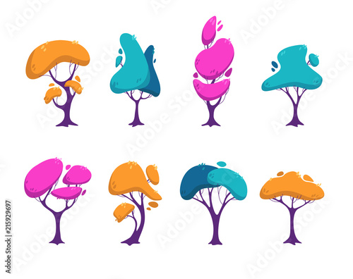Beautiful stylized colorful trees set.