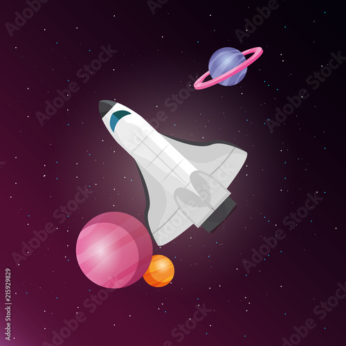 spaceship with planets around over space background, colorful design. vector illustration