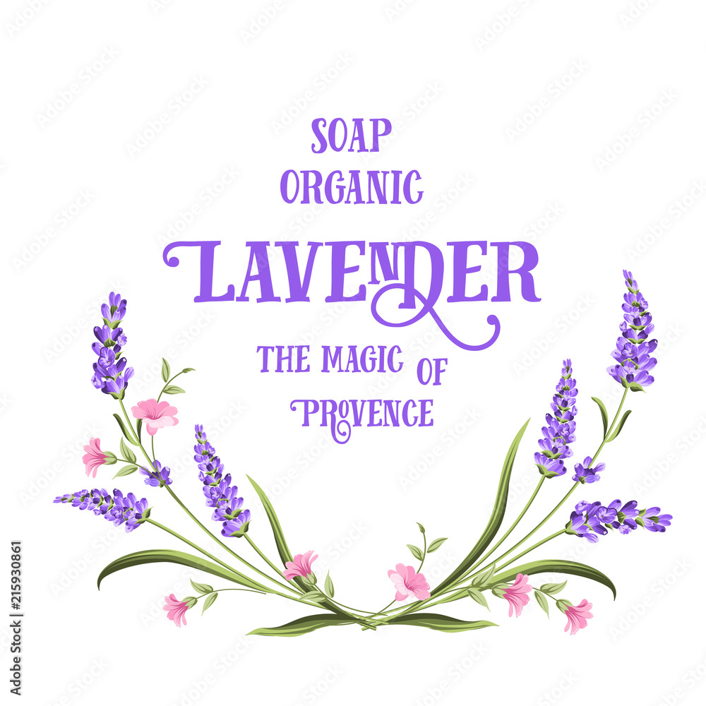 Frame of lavender flowers on a white background. Label of soap package. Label with lavender flowers. Vector illustration.