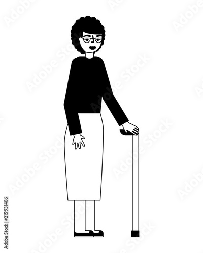 grandma old woman character with stick cane