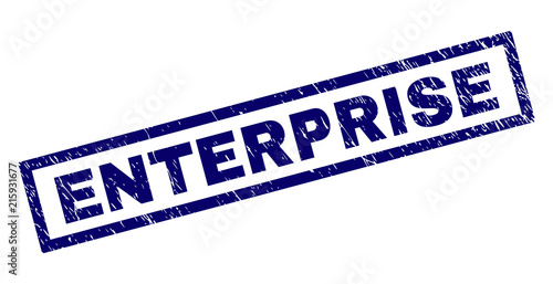 Rectangle ENTERPRISE seal print with corroded texture. Rubber seal imitation has rectangle frame. Blue vector rubber print of ENTERPRISE label with unclean texture.