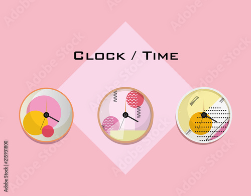 clocks with memphis style design over pink background, colorful design. vector illustration