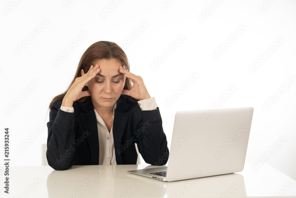 Young beautiful business woman suffering stress working at office computer desk feeling tired and desperate looking overworked overwhelmed and frustrated. In business education, fail and technology Young beautiful business woman suffering stress working at office computer desk feeling tired and desperate looking overworked overwhelmed and frustrated. In business education, fail and technology