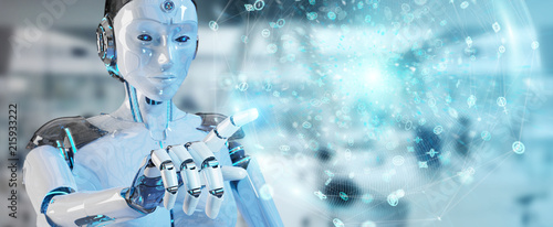Canvas Print White woman humanoid using digital global network 3D rendering