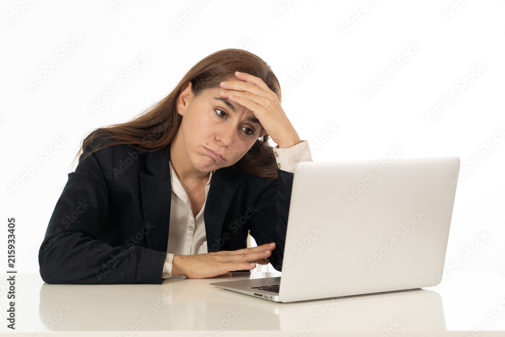 Young beautiful business woman suffering stress working at office computer desk feeling tired and desperate looking overworked overwhelmed and frustrated. In business education, fail and technology Young beautiful business woman suffering stress working at office computer desk feeling tired and desperate looking overworked overwhelmed and frustrated. In business education, fail and technology