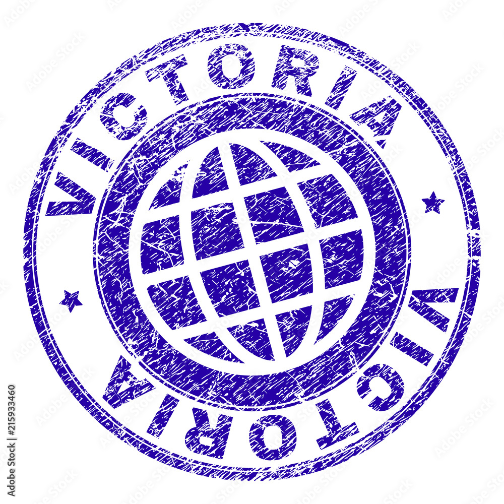 VICTORIA stamp imprint with distress texture. Blue vector rubber seal imprint of VICTORIA caption with grunge texture. Seal has words arranged by circle and planet symbol.