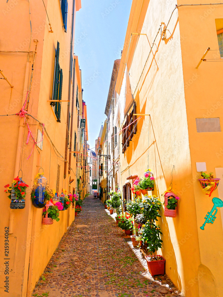 Fototapeta premium Piękna, wąska uliczka udekorowana kwiatami w Alghero. Sardynia, Włochy. 