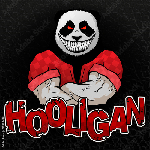 print on T-shirt "hooligan" with evil panda on the texture of the skin.