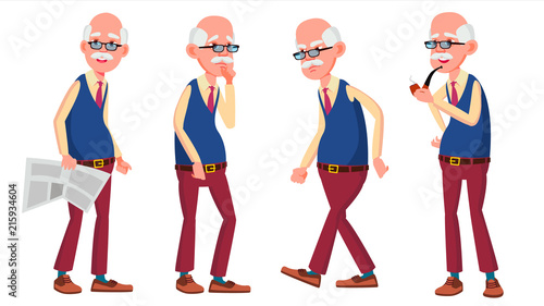 Old Man Poses Set Vector. Elderly People. Senior Person. Aged. Funny Pensioner. Leisure. Postcard, Announcement, Cover Design. Isolated Cartoon Illustration