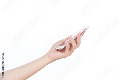 Concept of woman's hand holding a smartphone isolated on white background, clipping path, blank for webpage or message.