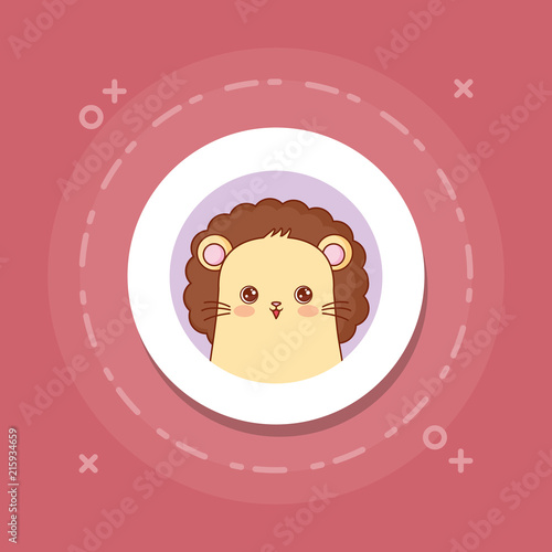 cute lion icon over white circle and pink background, colorful design. vector illustration