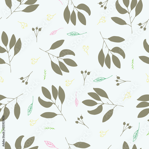 Whimsical leaves and twigs shapes handcrafted in greens seamless vector illustration pattern for baby/children fabric, clothes/accessories, background, textile, wrapping paper and other decoration.