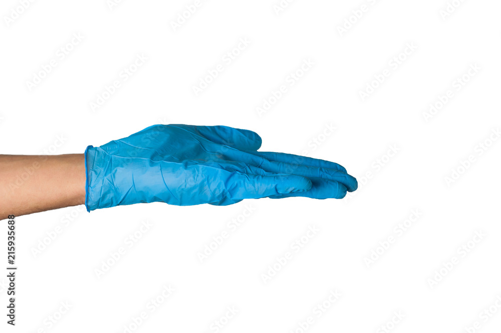 Human hand in blue rubber glove isolated on white background. Medical or cleaning concept
