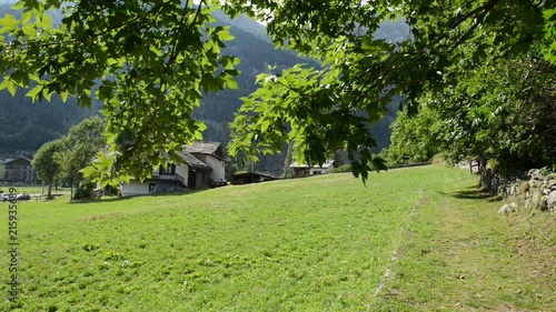 fattoria alpina con trattore e caseggiati nella Valle di Gressonay in Val d'Aosta Italia photo