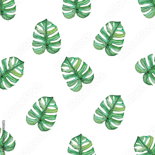 Watercolor pattern with tropical leaves isolated on white background.